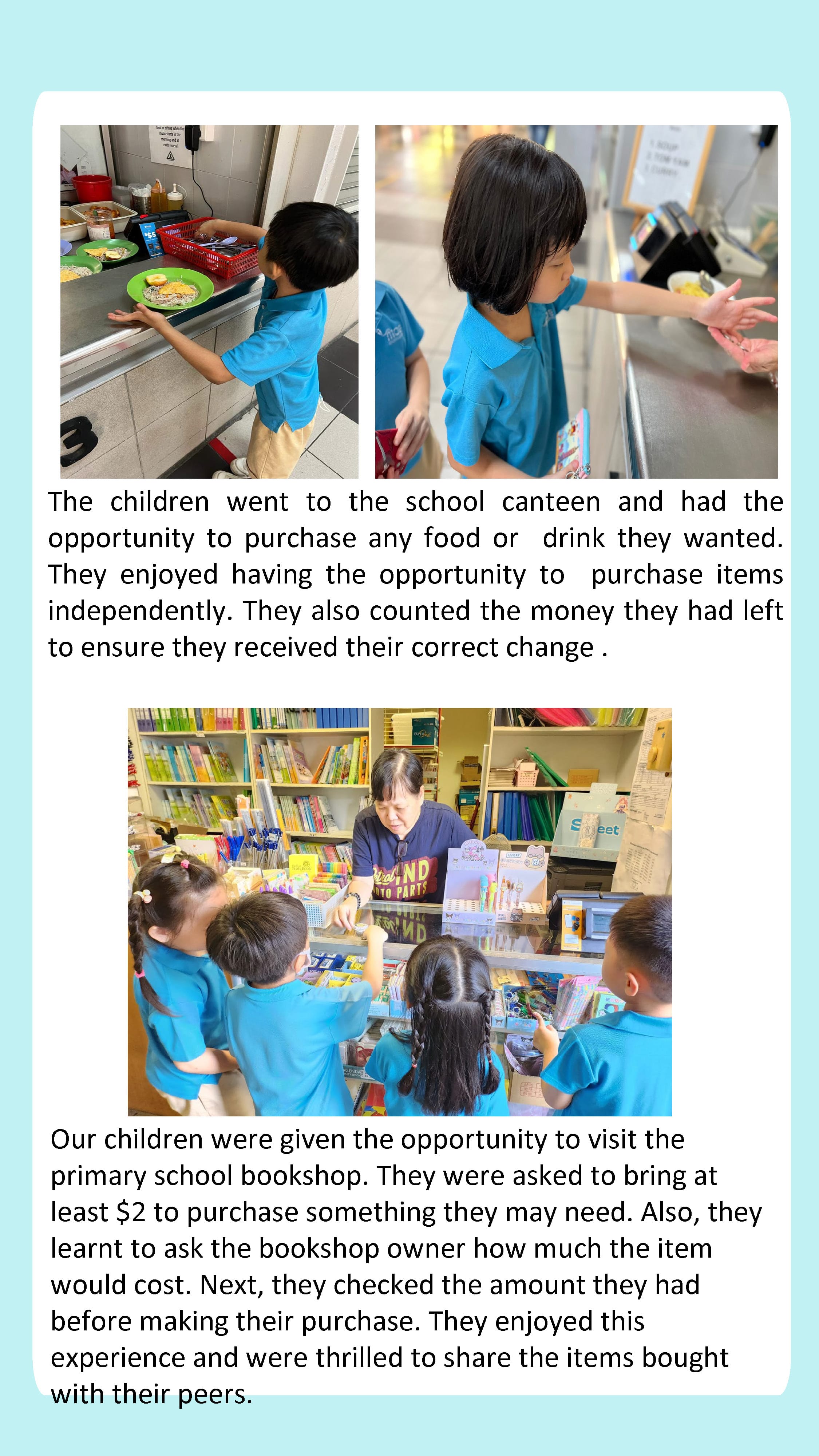 Children practise buying food and books independently, learning money skills, decision-making, and responsibility in a primary school setting.